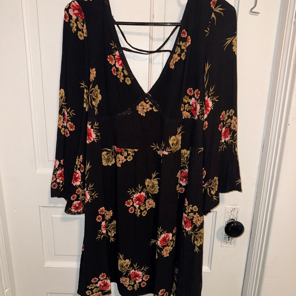 Floral V-Neck Black Dress with Pink & Tan Blooms